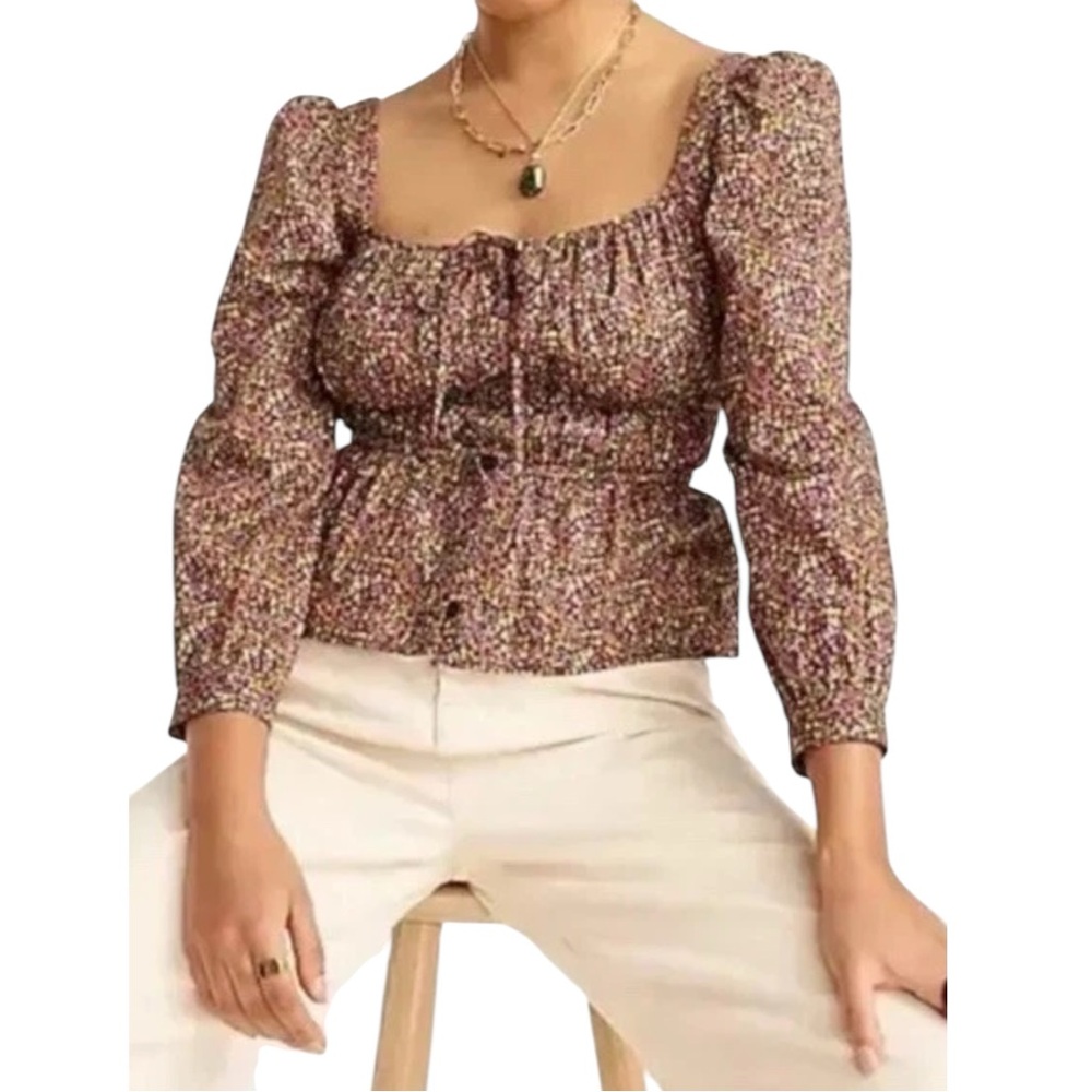 J Crew Liberty London Cinch Waist 3/4 Sleeve Blouse Pink Floral Shirt Milkmaid 0